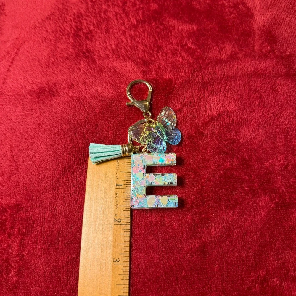 Letter E Resin Keychain Butterfly Tassel Initial Bag Charm Pastel Confetti Gold